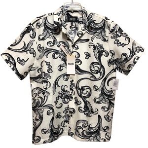 Malibu N.W.T. Black/White/Ivory Scroll Print Short Sleeve ButtonDownLinen Blend
